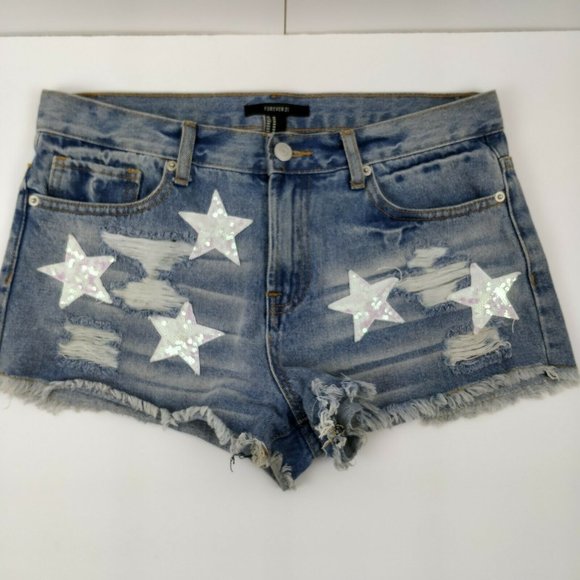 Forever 21 Size M Raw Hem Ripped Sequin Stars Denim Boyfriend Shorts - Picture 2 of 8